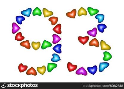 Number 93 of colorful hearts on white. Symbol for happy birthday, event, invitation, greeting card, award, ceremony. Holiday anniversary sign. Multicolored icon. Ninety three in rainbow colors. Vector
