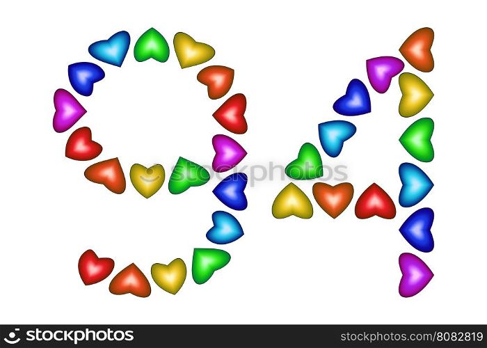Number 94 of colorful hearts on white. Symbol for happy birthday, event, invitation, greeting card, award, ceremony. Holiday anniversary sign. Multicolored icon. Ninety four in rainbow colors. Vector