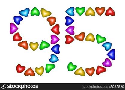 Number 95 of colorful hearts on white. Symbol for happy birthday, event, invitation, greeting card, award, ceremony. Holiday anniversary sign. Multicolored icon. Ninety five in rainbow colors. Vector