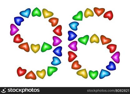 Number 96 of colorful hearts on white. Symbol for happy birthday, event, invitation, greeting card, award, ceremony. Holiday anniversary sign. Multicolored icon. Ninety six in rainbow colors. Vector