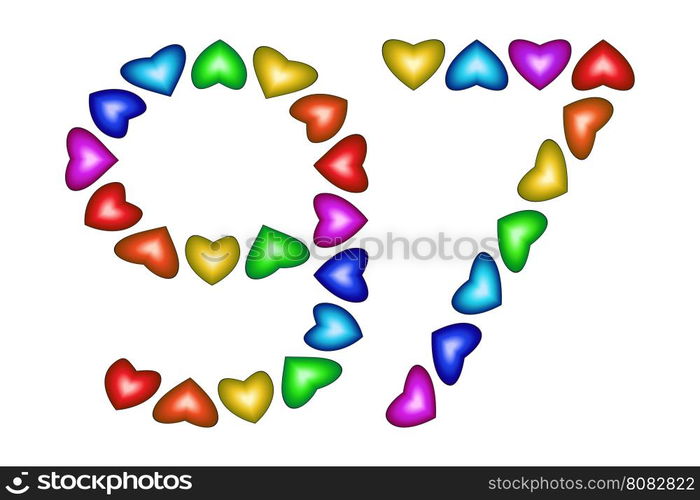 Number 97 of colorful hearts on white. Symbol for happy birthday, event, invitation, greeting card, award, ceremony. Holiday anniversary sign. Multicolored icon. Ninety seven in rainbow colors. Vector