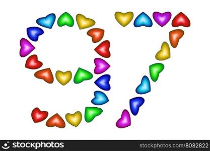 Number 97 of colorful hearts on white. Symbol for happy birthday, event, invitation, greeting card, award, ceremony. Holiday anniversary sign. Multicolored icon. Ninety seven in rainbow colors. Vector