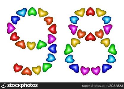 Number 98 of colorful hearts on white. Symbol for happy birthday, event, invitation, greeting card, award, ceremony. Holiday anniversary sign. Multicolored icon. Ninety eight in rainbow colors. Vector