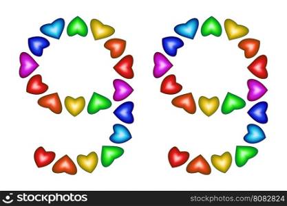 Number 99 of colorful hearts on white. Symbol for happy birthday, event, invitation, greeting card, award, ceremony. Holiday anniversary sign. Multicolored icon. Ninety nine in rainbow colors. Vector
