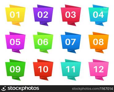 Number bullet points. Colourful steps with numbers, pointing text bullets of simple shape. Modern interface elements vector pointer infographic tag set. Number bullet points. Colourful steps with numbers, pointing text bullets of simple shape. Modern interface elements vector set