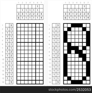 Number Eight 8 Nonogram Pixel Art, Mathematical, Numeral, Numeric, Word, Symbol Vector Art Illustration, Logic Puzzle Game Griddlers, Pic-A-Pix, Picture Paint By Numbers, Picross