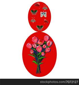 Number eight with floral composition. For international women day eight of march floral composition. Pink tulips and colorful butterflies on white background. Greeting card, poster design element. Vector Illustration.. Number eight with floral composition.