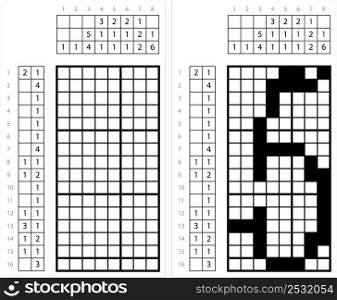 Number Five 5 Nonogram Pixel Art, Mathematical, Numeral, Numeric, Word, Symbol Vector Art Illustration, Logic Puzzle Game Griddlers, Pic-A-Pix, Picture Paint By Numbers, Picross
