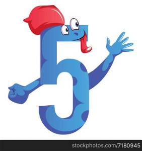 Number five blue monster with a hat and showing five fingers illustration vector on white background