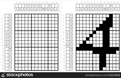 Number Four 4 Nonogram Pixel Art, Mathematical, Numeral, Numeric, Word, Symbol Vector Art Illustration, Logic Puzzle Game Griddlers, Pic-A-Pix, Picture Paint By Numbers, Picross