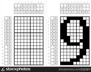 Number Nine 9 Nonogram Pixel Art, Mathematical, Numeral, Numeric, Word, Symbol Vector Art Illustration, Logic Puzzle Game Griddlers, Pic-A-Pix, Picture Paint By Numbers, Picross