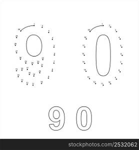 Number Nine 9 Zero 0 Connect The Dots, Mathematical, Numeral, Numeric, Word, Symbol Vector Art Illustration, Puzzle Game Containing A Sequence Of Numbered Dots