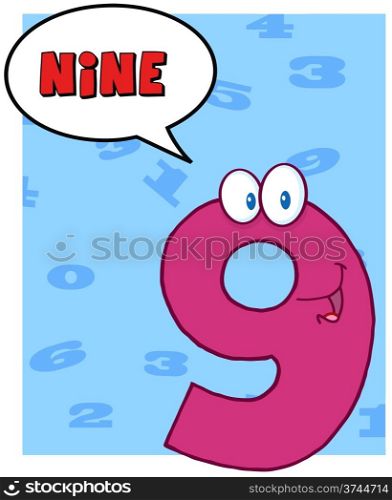 Number Nine Cartoon Mascot Character With Speech Bubble
