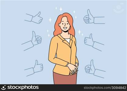 Number of hands showing thumbs up to happy successful businesswoman. Smiling woman employee get recognition and acknowledgement by colleagues. Good feedback. Vector illustration. . Smiling businesswoman surrounded by thumbs up