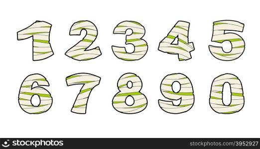 Number of mummy. Typography icon in bandages. Horrible Egyptian elements number template zombies alphabet. ABC concept type as logotype.