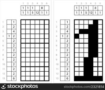 Number One 1 Nonogram Pixel Art, Mathematical, Numeral, Numeric, Word, Symbol Vector Art Illustration, Logic Puzzle Game Griddlers, Pic-A-Pix, Picture Paint By Numbers, Picross