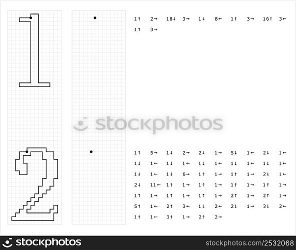 Number One 1 Two 2 Graphic Dictation Drawing, Mathematical, Numeral, Numeric, Word, Symbol Vector Art Illustration, Drawing By Cells