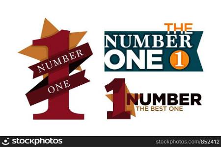 Number one emblems set with stars and ribbons around big numeral isolated cartoon vector illustrations on white background. Honorary distinctive sign for best and outstanding people and achievements.. Number one emblems set with stars and ribbons around big numeral isolated cartoon vector illustrations on white background.