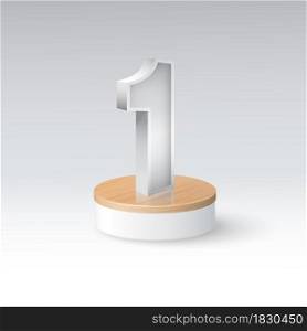 Number one on the podium with the elegant white number one. Placed on a pedestal above a wooden floor below a white cylinder shapes. EPS realistic file.