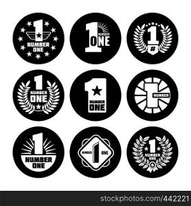 Number one vector labels black icons isolated on white background. Vector illustration. Number one vector labels on black icons
