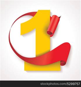 Number one, yellow numeric with red rolled ribbon, vector illustration.