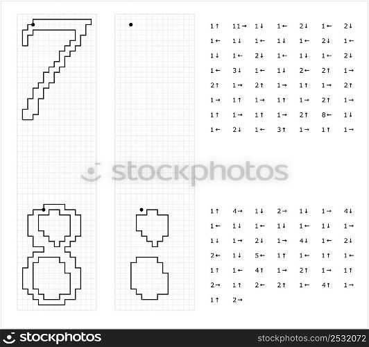 Number Seven 7 Eight 8 Graphic Dictation Drawing, Mathematical, Numeral, Numeric, Word, Symbol Vector Art Illustration, Drawing By Cells