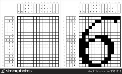 Number Six 6 Nonogram Pixel Art, Mathematical, Numeral, Numeric, Word, Symbol Vector Art Illustration, Logic Puzzle Game Griddlers, Pic-A-Pix, Picture Paint By Numbers, Picross