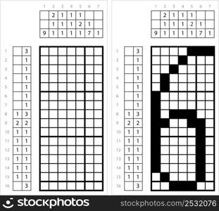 Number Six 6 Nonogram Pixel Art, Mathematical, Numeral, Numeric, Word, Symbol Vector Art Illustration, Logic Puzzle Game Griddlers, Pic-A-Pix, Picture Paint By Numbers, Picross