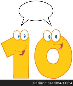 Number Ten Cartoon Mascot Character With Speech Bubble