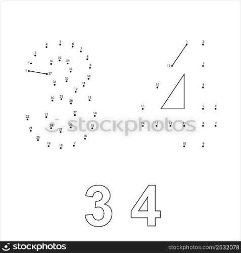 Number Three 3 Four 4 Connect The Dots, Mathematical, Numeral, Numeric, Word, Symbol Vector Art Illustration, Puzzle Game Containing A Sequence Of Numbered Dots