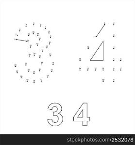 Number Three 3 Four 4 Connect The Dots, Mathematical, Numeral, Numeric, Word, Symbol Vector Art Illustration, Puzzle Game Containing A Sequence Of Numbered Dots