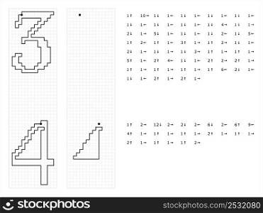 Number Three 3 Four 4 Graphic Dictation Drawing, Mathematical, Numeral, Numeric, Word, Symbol Vector Art Illustration, Drawing By Cells