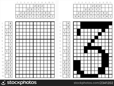Number Three 3 Nonogram Pixel Art, Mathematical, Numeral, Numeric, Word, Symbol Vector Art Illustration, Logic Puzzle Game Griddlers, Pic-A-Pix, Picture Paint By Numbers, Picross