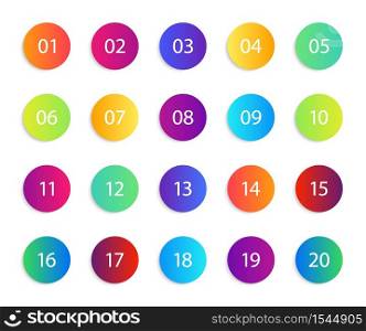 Number with circle. Gradient round icons. Set of infographic points, bullets. List from 1 to 20 for circular button. Design bubbles for interface. Modern neon symbol. Multicolor steps for web. Vector.. Number with circle. Gradient round icons. Set of infographic points, bullets. List from 1 to 20 for circular button. Design bubbles for interface. Modern neon symbol. Multicolor steps for web. Vector