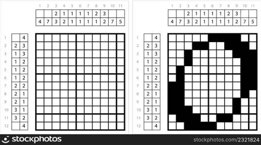 Number Zero 0 Nonogram Pixel Art, Mathematical, Numeral, Numeric, Word, Symbol Vector Art Illustration, Logic Puzzle Game Griddlers, Pic-A-Pix, Picture Paint By Numbers, Picross