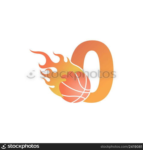 Number zero with basketball ball on fire illustration vector
