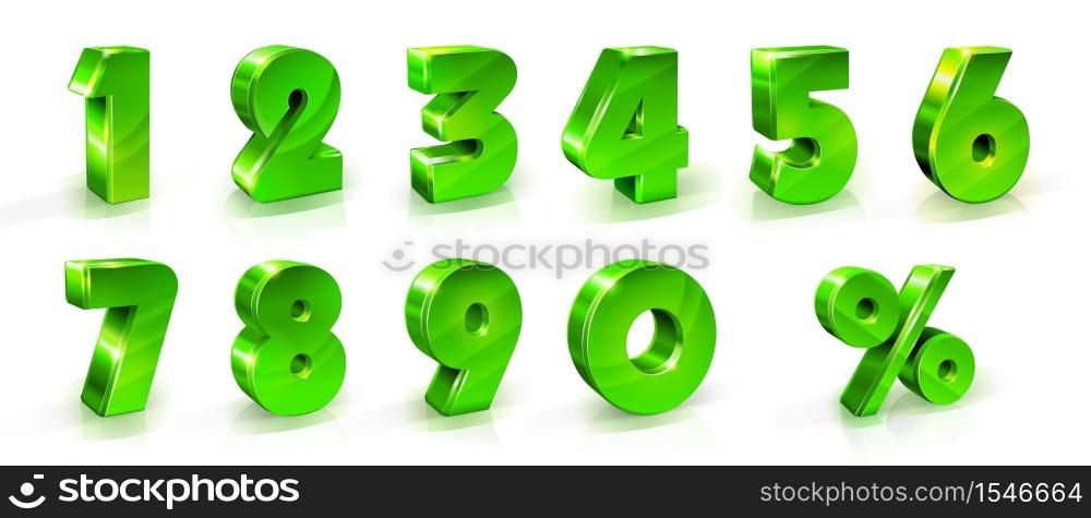 numbers 1, 2, 3, 4, 5, 6, 7, 8, 9, 0 and percent sign Set Suitable for use on web and advertising banners posters flyers promotional items Seasonal discounts Black Friday 3d styled illustration. Green shiny numbers and percent sign set. 3d styled illustration