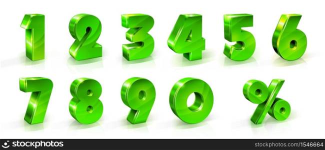 numbers 1, 2, 3, 4, 5, 6, 7, 8, 9, 0 and percent sign Set Suitable for use on web and advertising banners posters flyers promotional items Seasonal discounts Black Friday 3d styled illustration. Green shiny numbers and percent sign set. 3d styled illustration