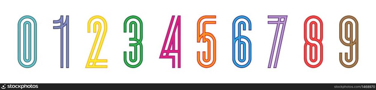 Numbers collection. Numbers in linear flat design. Colorful numbers in a row. Vector illustration.