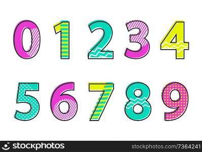 Numbers font type collection of numeric signs, multi colored decorative elements with stripes pattern vector illustration isolated on white background. Numbers Font Type Collection Vector Illustration