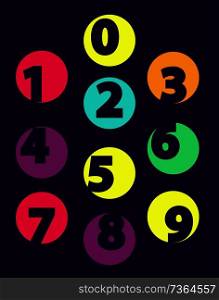 Numbers from 0 till 9, color sample isolated on black. English numeral figures, symbols denoting a numeric, creative digits in flat style design, vector. Numbers From 0 till 9 Color Sample Isolated Black