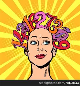 numbers, hair on head, the woman and mathematics conceptual. Comic cartoon pop art retro vector illustration. numbers, hair on head, the woman and mathematics conceptual