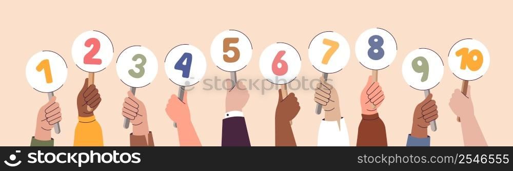 Numbers in hands. Colorful numeric scorecard bundle for judge competition. Jury results. Arms holding competition evaluation boards. Ranking and voting. Math symbols. Vector feedback card collection. Numbers in hands. Numeric scorecard for judge competition. Jury results. Arms holding competition evaluation boards. Ranking and voting. Math symbols. Vector feedback card collection