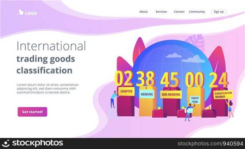 Numbers meaning explanation. Harmonized system classification, HTS code classification service, international trading goods classification concept. Website homepage landing web page template.. The harmonized system concept landing page