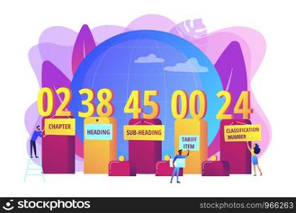 Numbers meaning explanation. Harmonized system classification, HTS code classification service, international trading goods classification concept. Bright vibrant violet vector isolated illustration. The harmonized system concept vector illustration