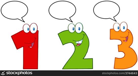 Numbers One,Two And Three Cartoon Mascot Characters With Speech Bubbles