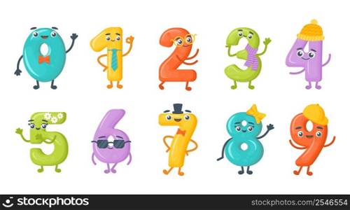 Numbers with faces. Cartoon cute funny numeral signs for mathematics and arithmetic studying. Kids education collection. Colorful smiling characters. Anniversary icons. Vector happy school symbols set. Numbers with faces. Cartoon funny numeral signs for mathematics and arithmetic studying. Kids education collection. Colorful characters. Anniversary icons. Vector happy school symbols set