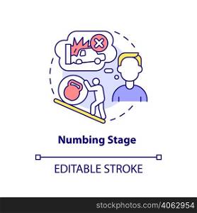 Numbing stage concept icon. Patient emotional state. PTSD treatment abstract idea thin line illustration. Isolated outline drawing. Editable stroke. Arial, Myriad Pro-Bold fonts used. Numbing stage concept icon