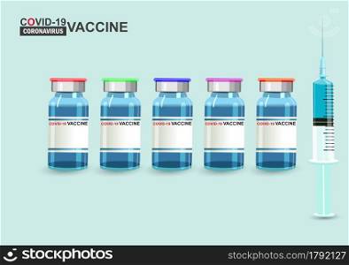 Numerous different color brand glass bottles. with space on the label Contains Orange, red, purple, blue, green. bottles containing the Covid19 Coronavirus vaccine and syringe.Vaccine Comparison