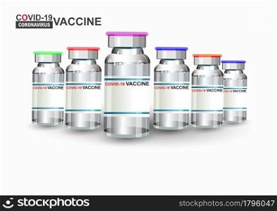 Numerous different color brand glass bottles. with space on the label Contains Orange, red, purple, blue, green. bottles containing the Covid19 Coronavirus vaccine clear white glass.Vaccine Comparison